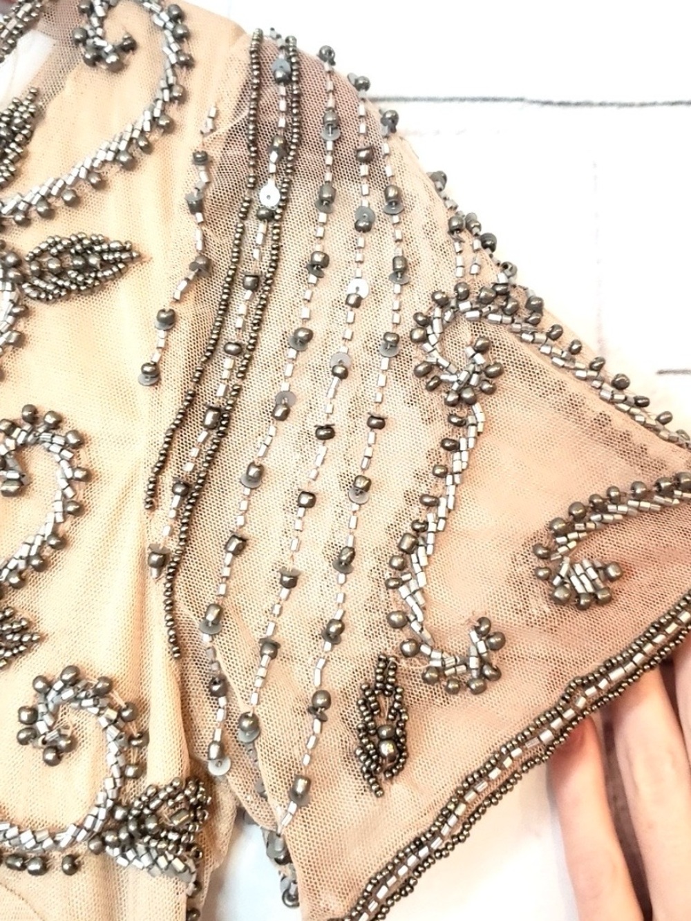 Pisarro Nights Blush Nude Silver Beaded Longline Gown NWT 10 - Picture 13 of 15